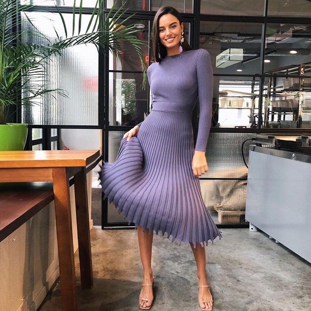 Knitted Long Slim Sleeve Cozy Party Dress