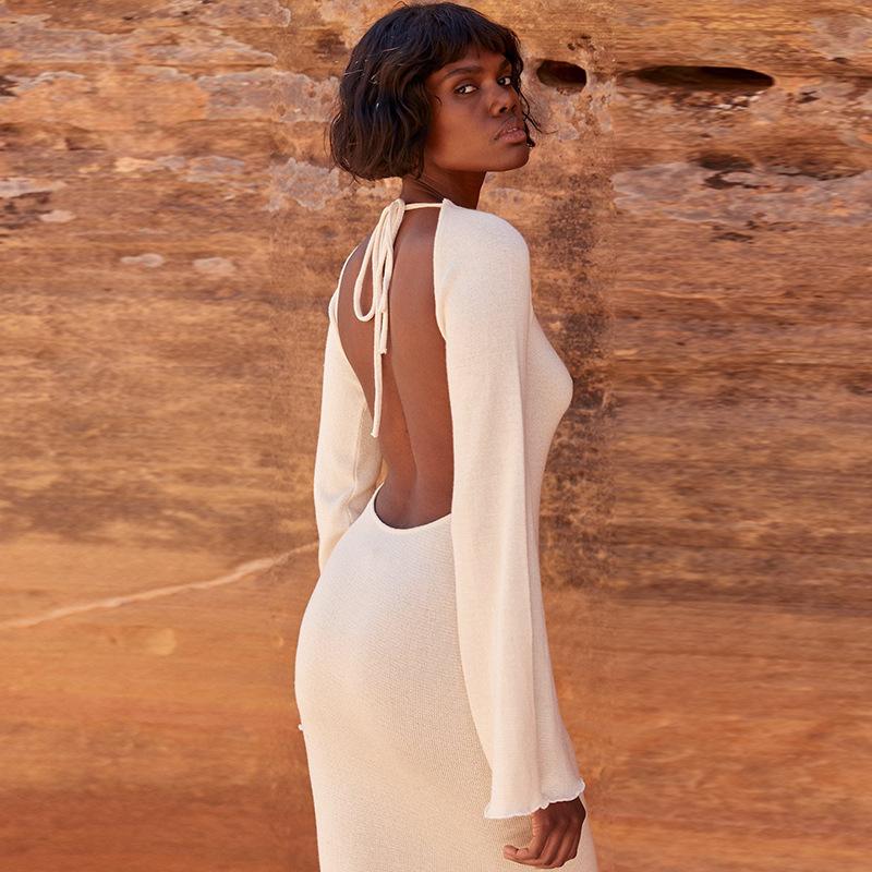 Knitted Open Back Flared Sleeve Maxi Dress