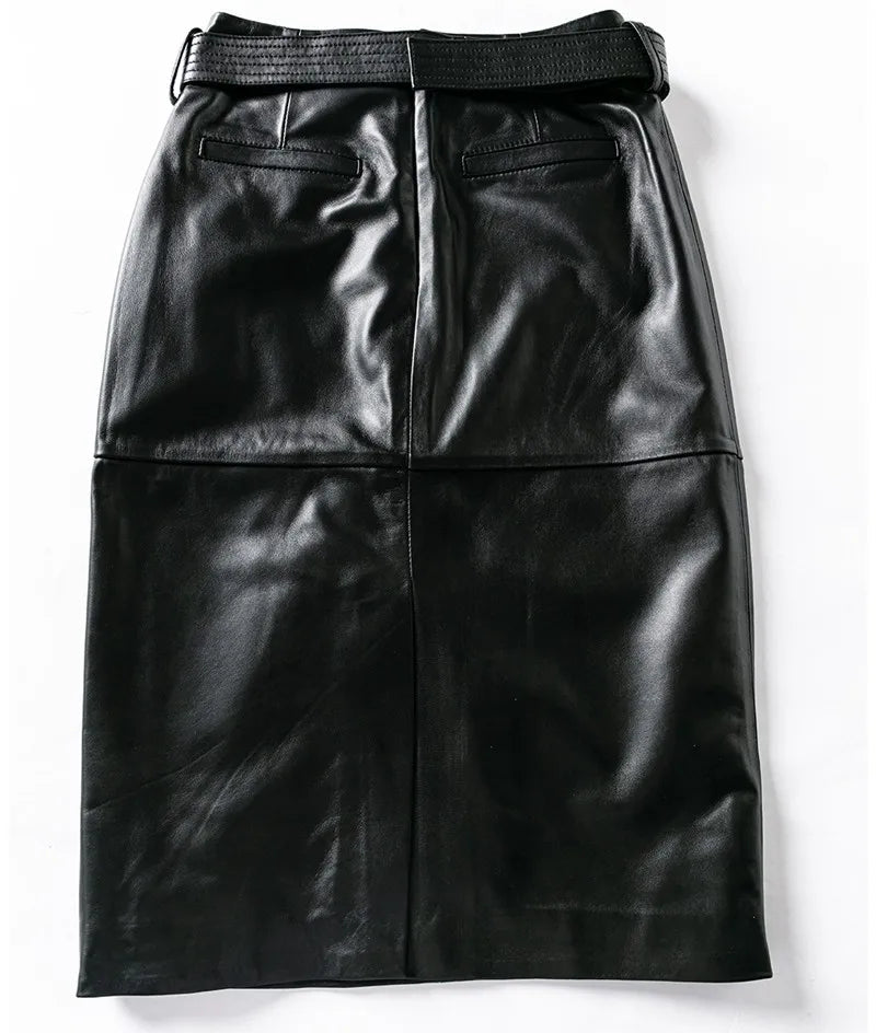 Genuine Leather High Waist Versatile Mid Skirt