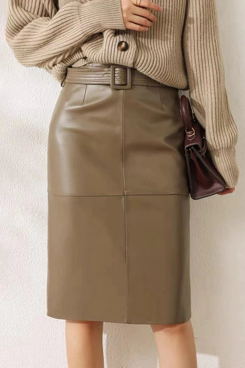 Genuine Leather High Waist Versatile Mid Skirt