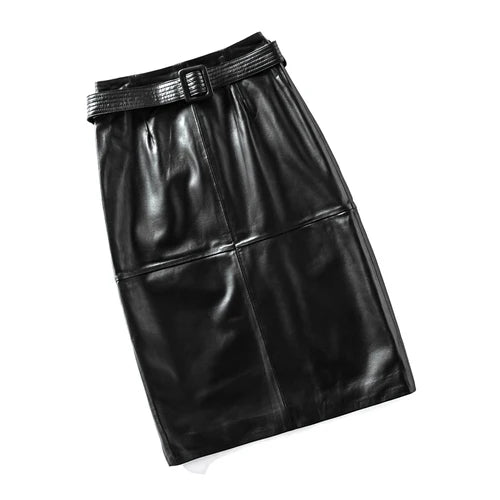 Genuine Leather High Waist Versatile Mid Skirt