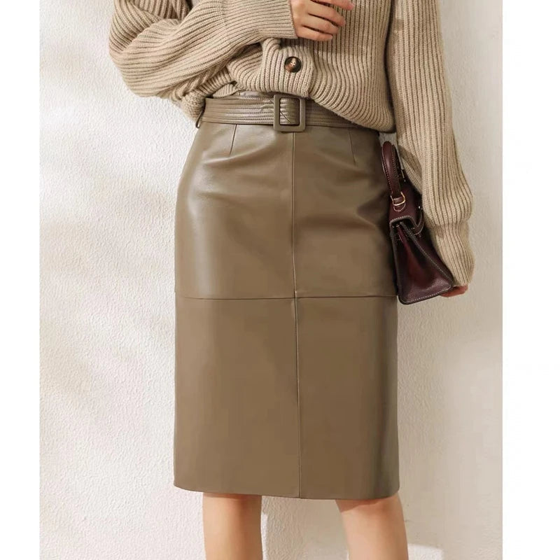 Genuine Leather High Waist Versatile Mid Skirt