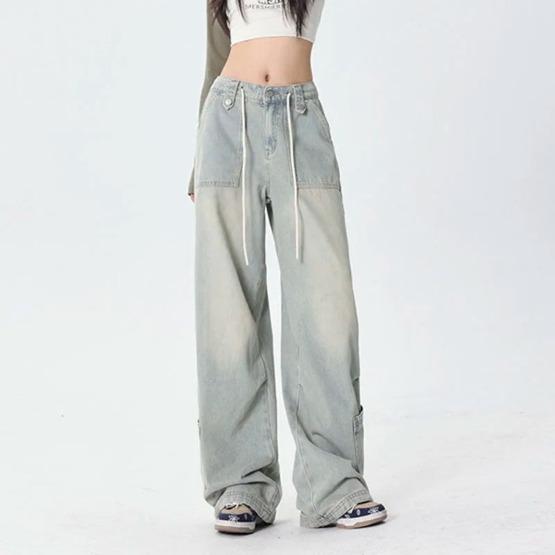 Drawstring Washed Floor Length Loose Jean