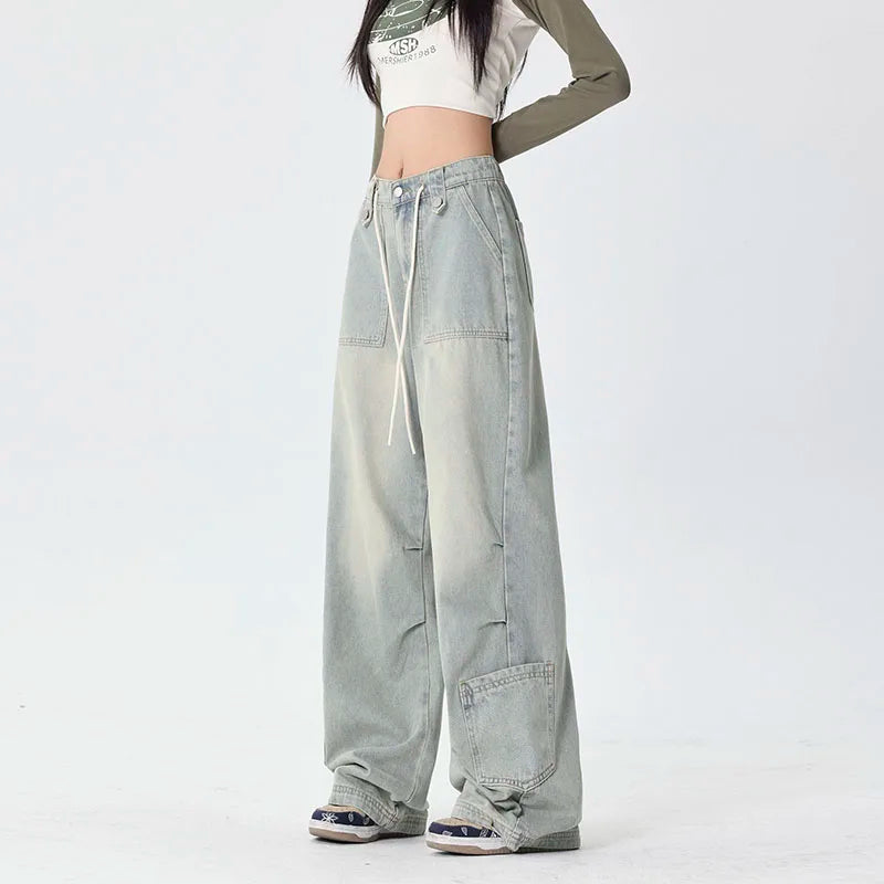 Drawstring Washed Floor Length Loose Jean