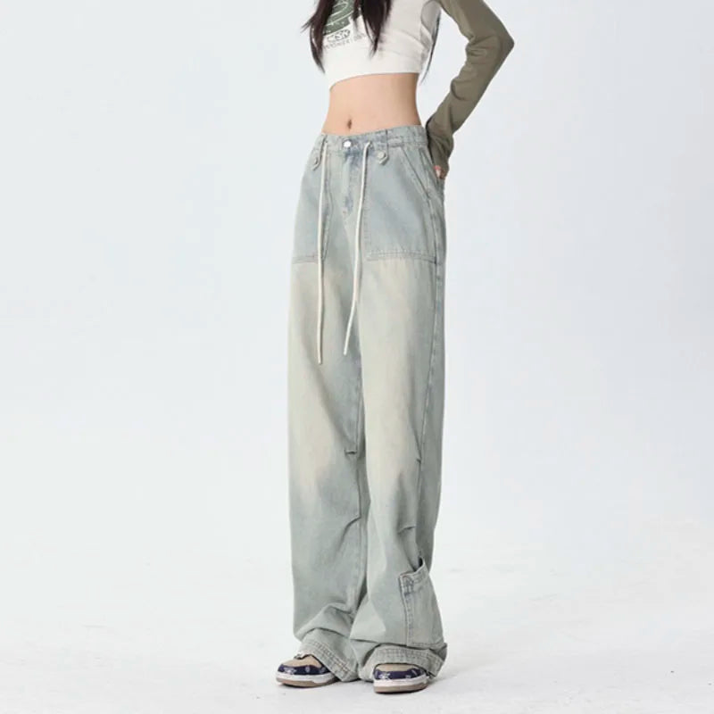 Drawstring Washed Floor Length Loose Jean