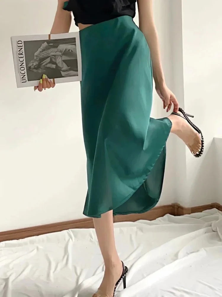 Satin Elastic Waist Slim Female Falda Skirt