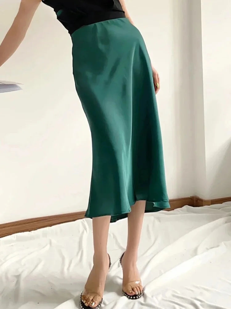 Satin Elastic Waist Slim Female Falda Skirt