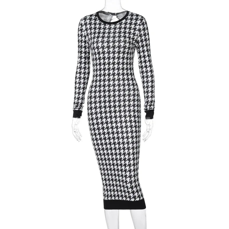 Houndstooth Long Sleeve Hollow Midi Dress