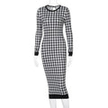 Houndstooth Long Sleeve Hollow Midi Dress