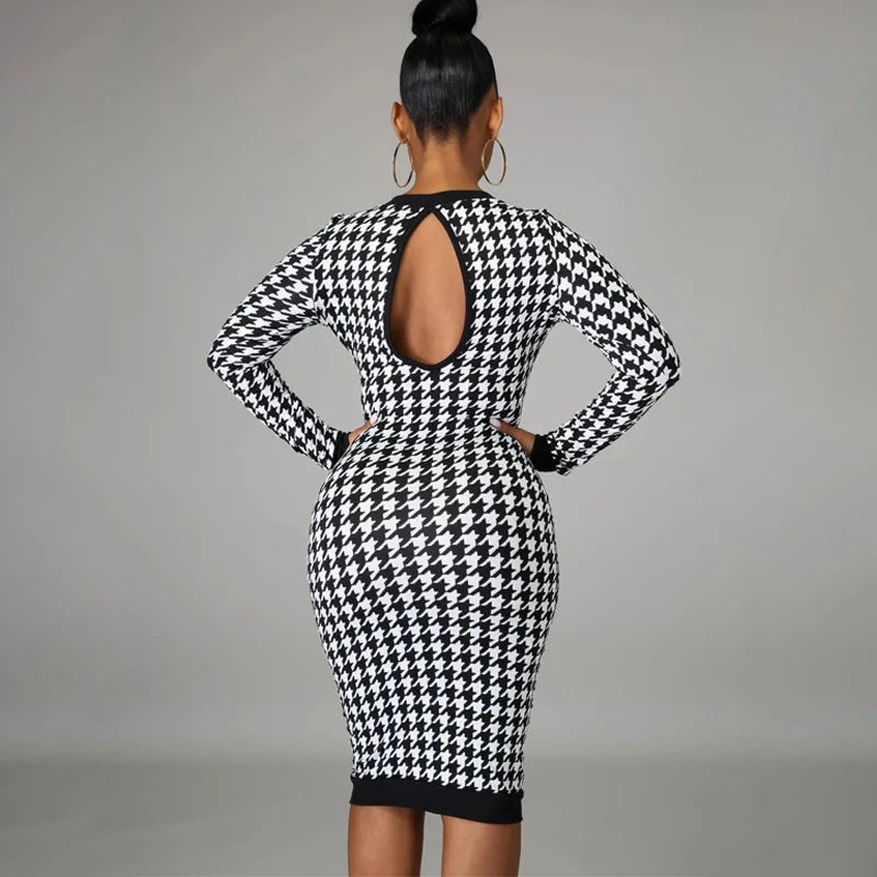 Houndstooth Long Sleeve Hollow Midi Dress