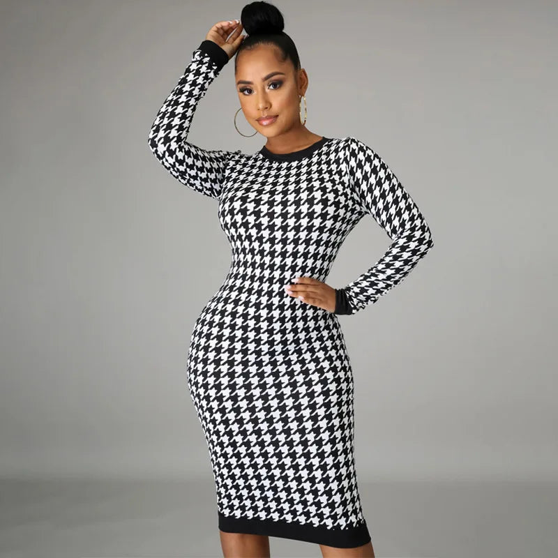 Houndstooth Long Sleeve Hollow Midi Dress