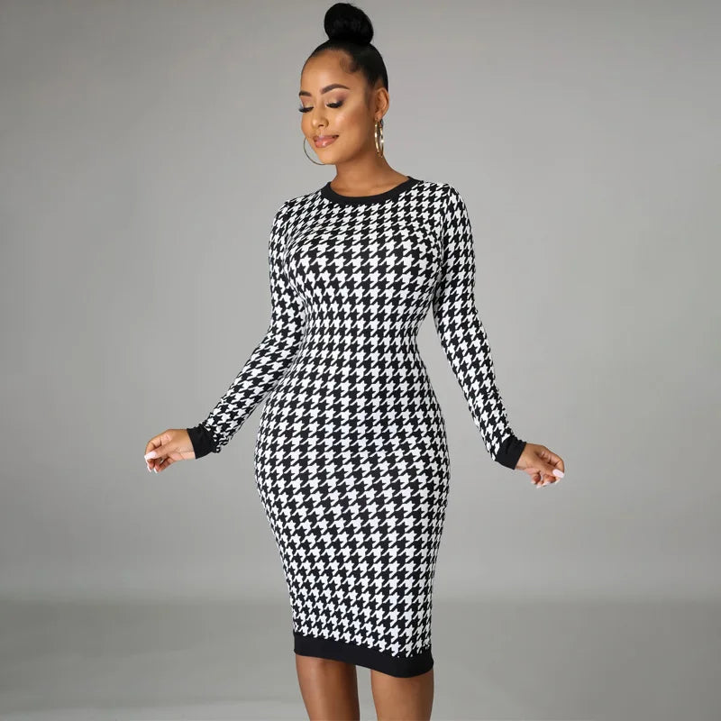 Houndstooth Long Sleeve Hollow Midi Dress