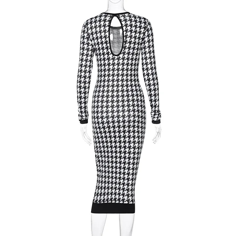 Houndstooth Long Sleeve Hollow Midi Dress