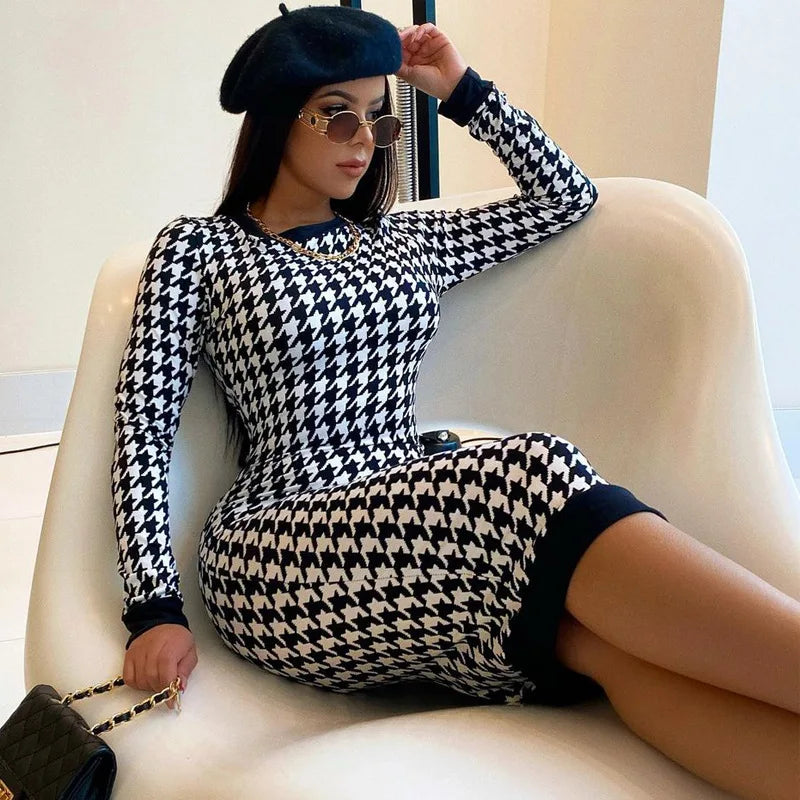 Houndstooth Long Sleeve Hollow Midi Dress