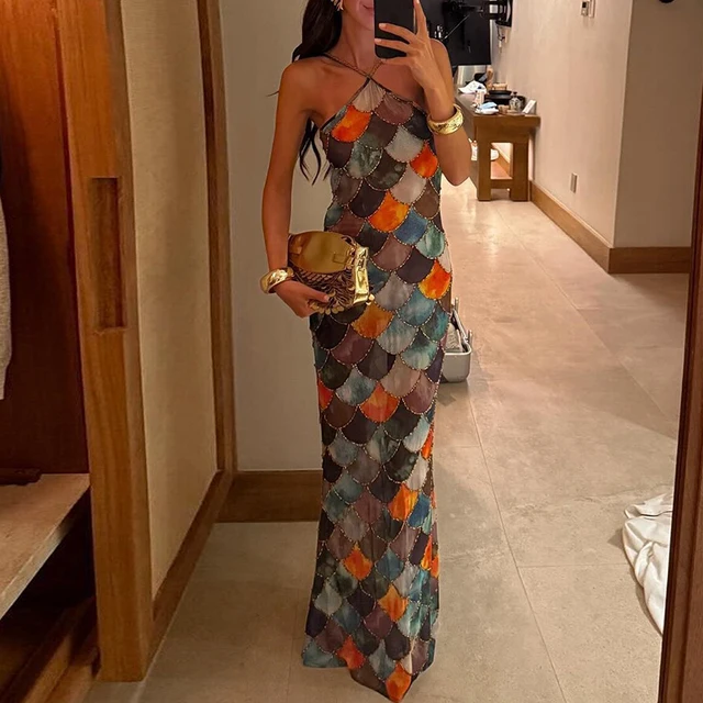 Colorful Printed Halter Strap Maxi Dress