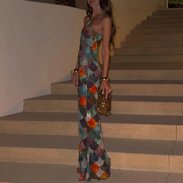 Colorful Printed Halter Strap Maxi Dress
