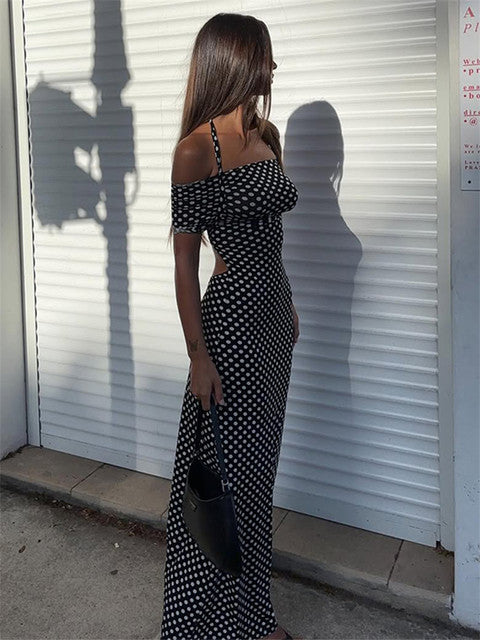 Black Polka Dot Off-Shoulder Maxi Dress
