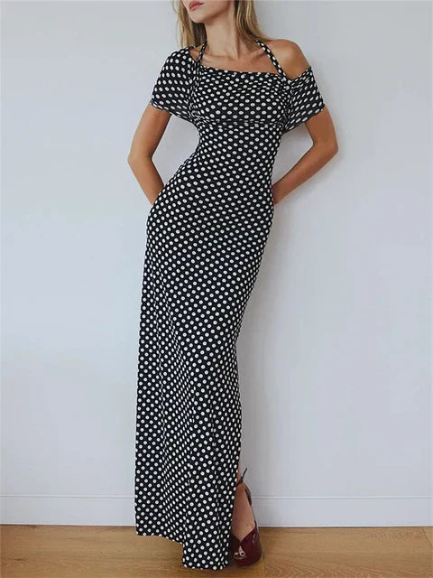 Black Polka Dot Off-Shoulder Maxi Dress