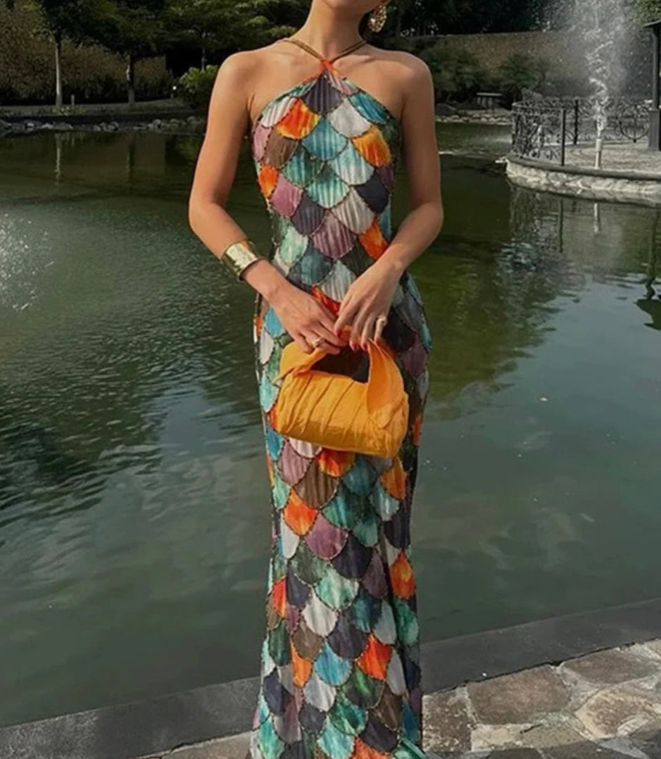 Colorful Printed Halter Strap Maxi Dress