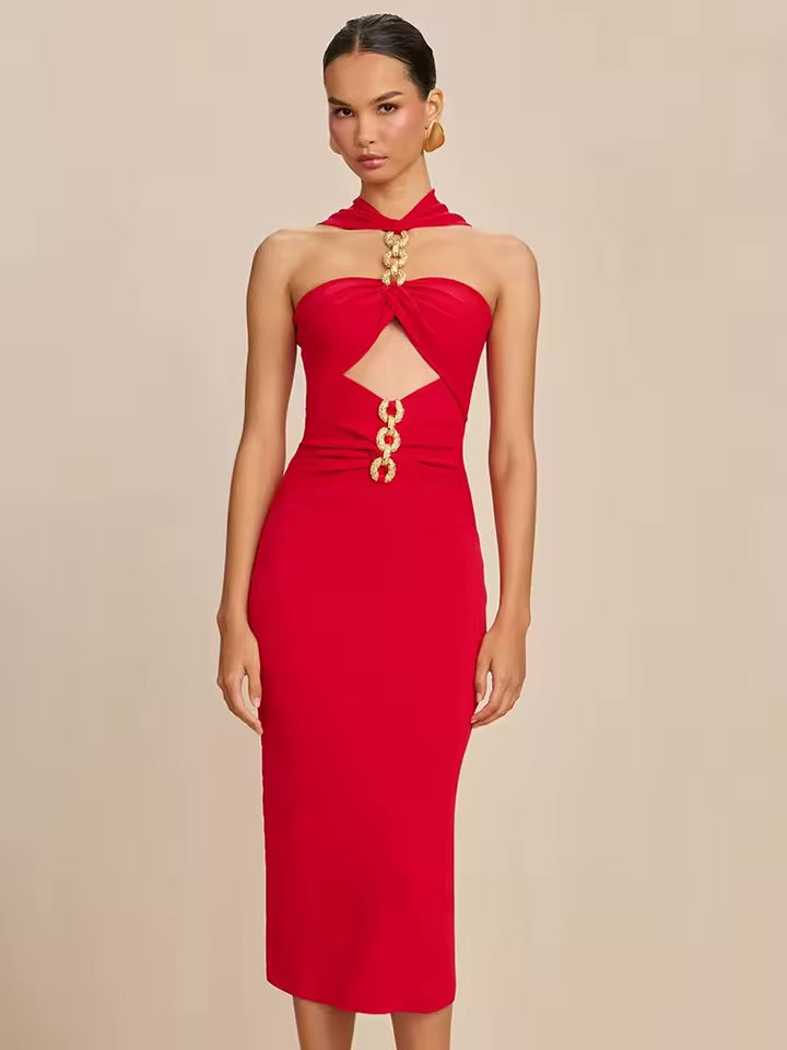 Red Strapless Metal Detail Midi Dress