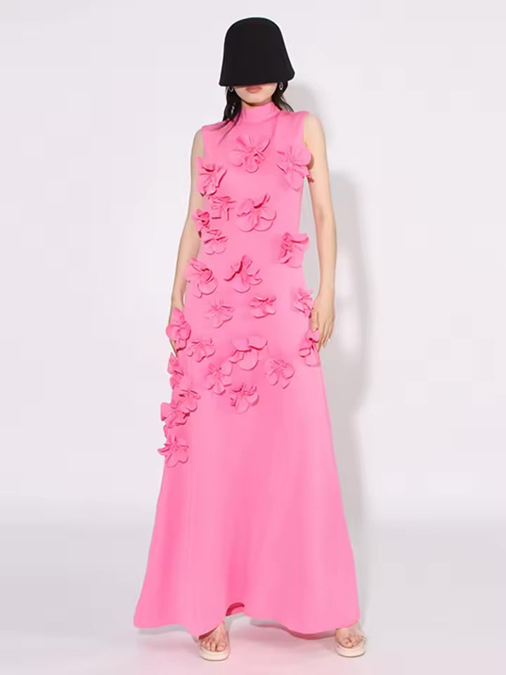 3D Flower Applique Mock Neck Midi Dress