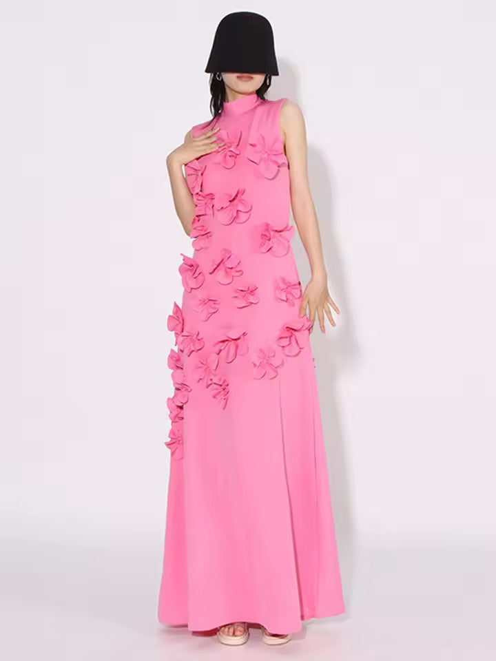 3D Flower Applique Mock Neck Midi Dress
