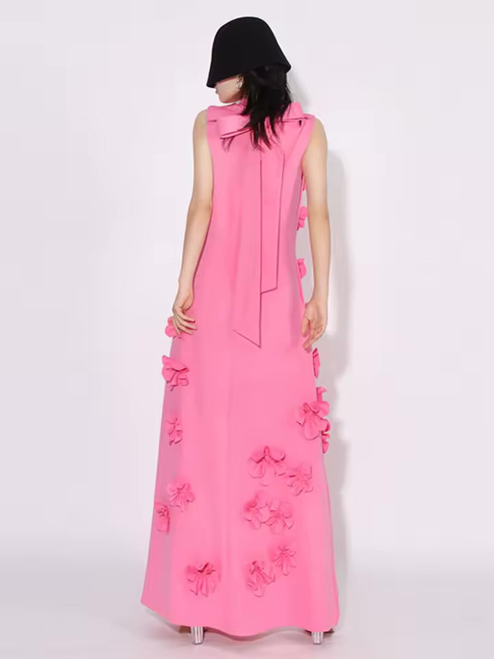 3D Flower Applique Mock Neck Midi Dress
