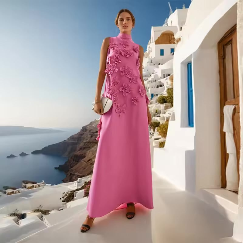 3D Flower Applique Mock Neck Midi Dress