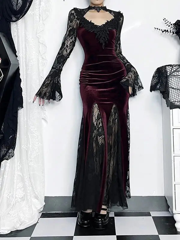 Long Sleeve Gothic Lace Ruched Fishtail Bodycon Maxi Dress