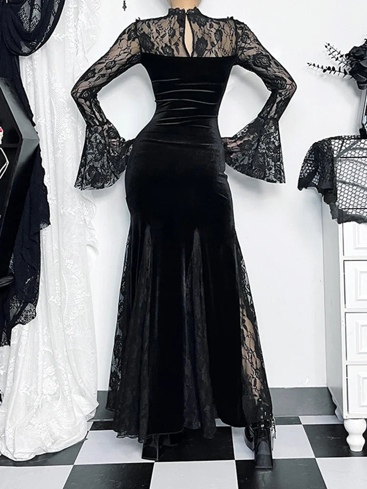 Long Sleeve Gothic Lace Ruched Fishtail Bodycon Maxi Dress