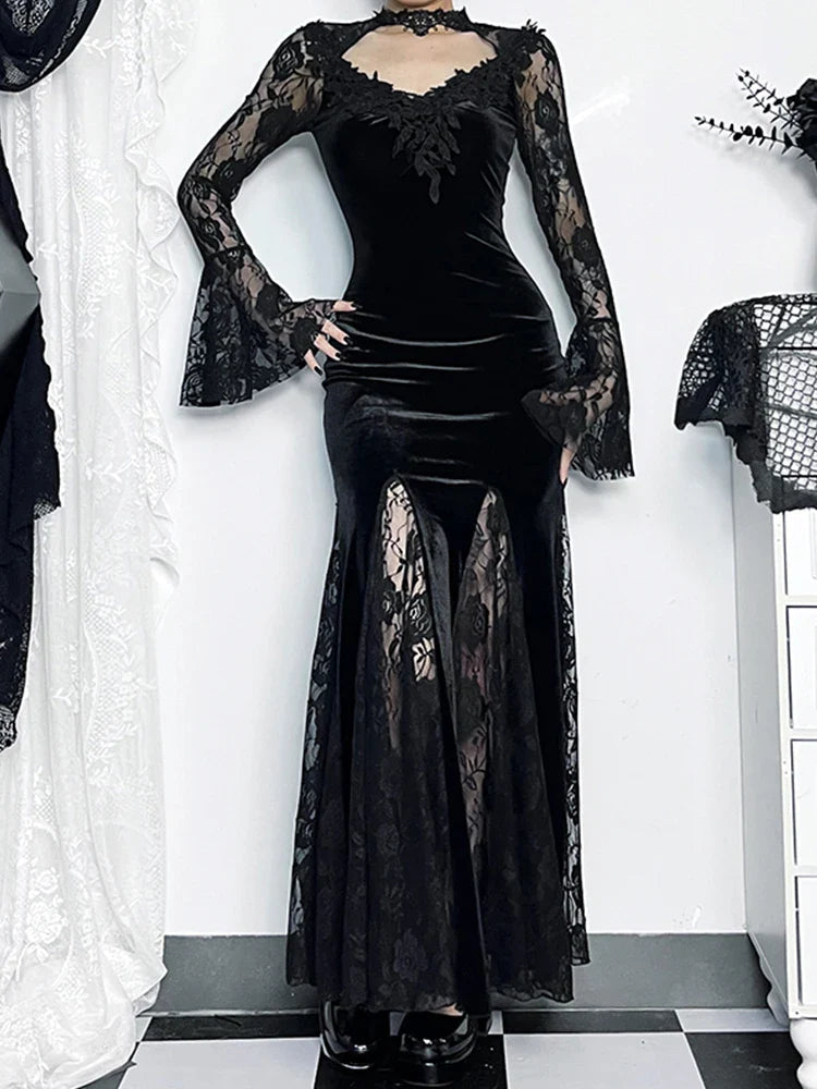 Long Sleeve Gothic Lace Ruched Fishtail Bodycon Maxi Dress