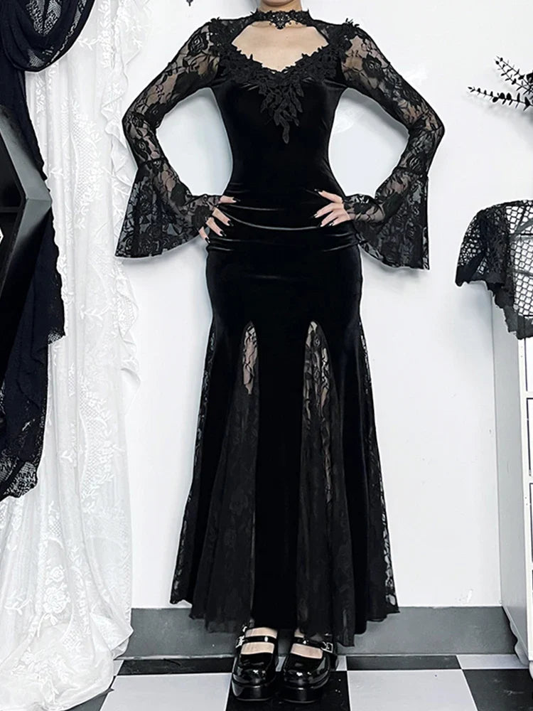 Long Sleeve Gothic Lace Ruched Fishtail Bodycon Maxi Dress