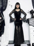 Long Sleeve Gothic Lace Ruched Fishtail Bodycon Maxi Dress