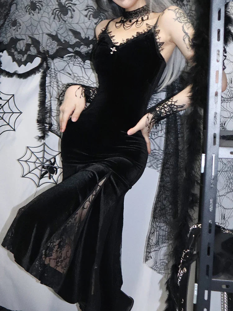 Spaghetti Strap Backless Velvet Lace Patchwork Maxi Dress