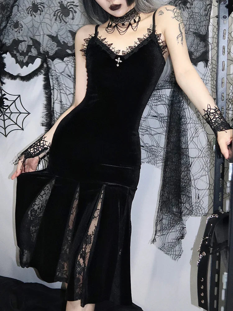 Spaghetti Strap Backless Velvet Lace Patchwork Maxi Dress