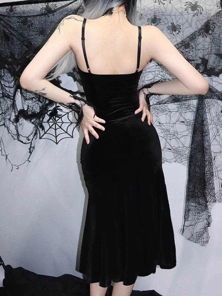 Spaghetti Strap Backless Velvet Lace Patchwork Maxi Dress