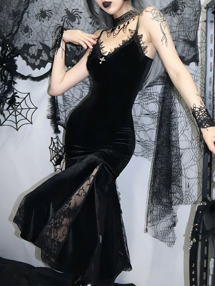 Spaghetti Strap Backless Velvet Lace Patchwork Maxi Dress