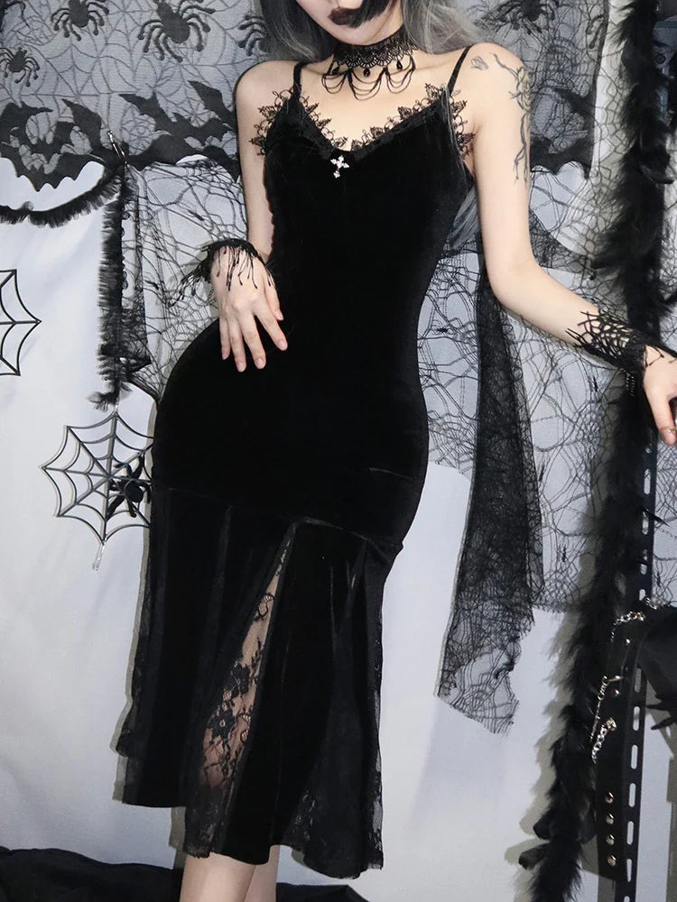 Spaghetti Strap Backless Velvet Lace Patchwork Maxi Dress