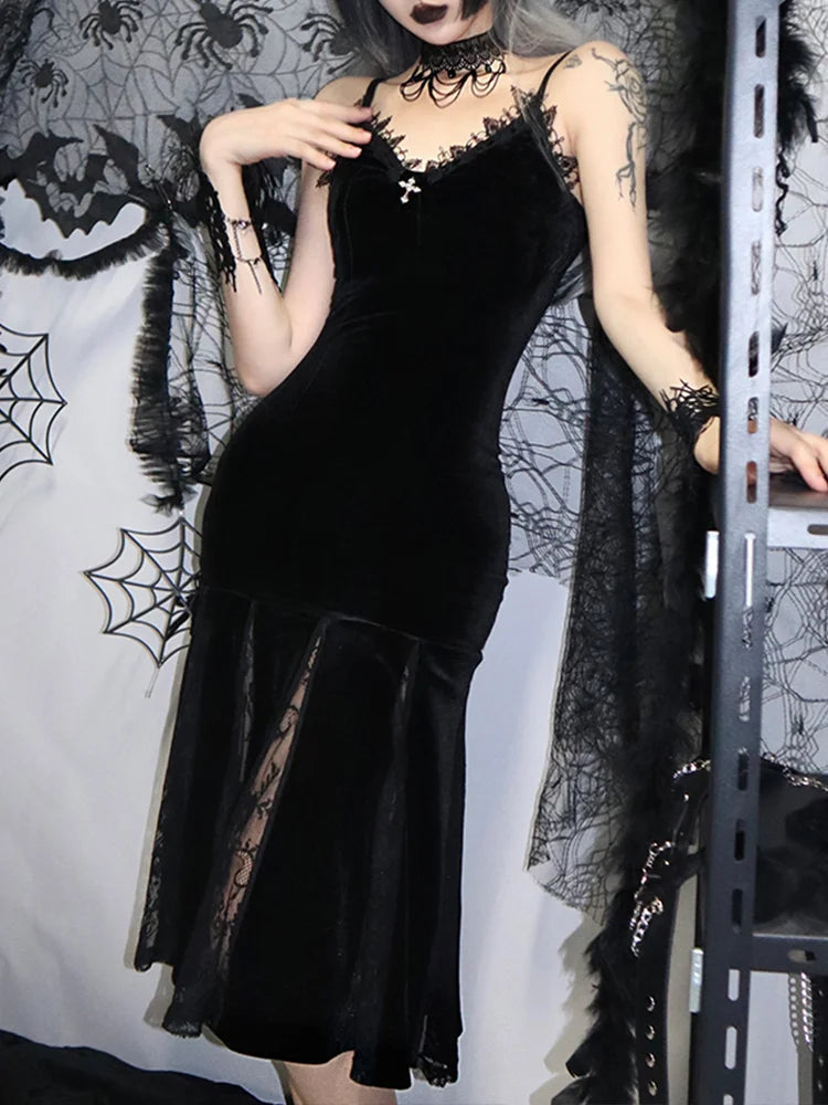 Spaghetti Strap Backless Velvet Lace Patchwork Maxi Dress