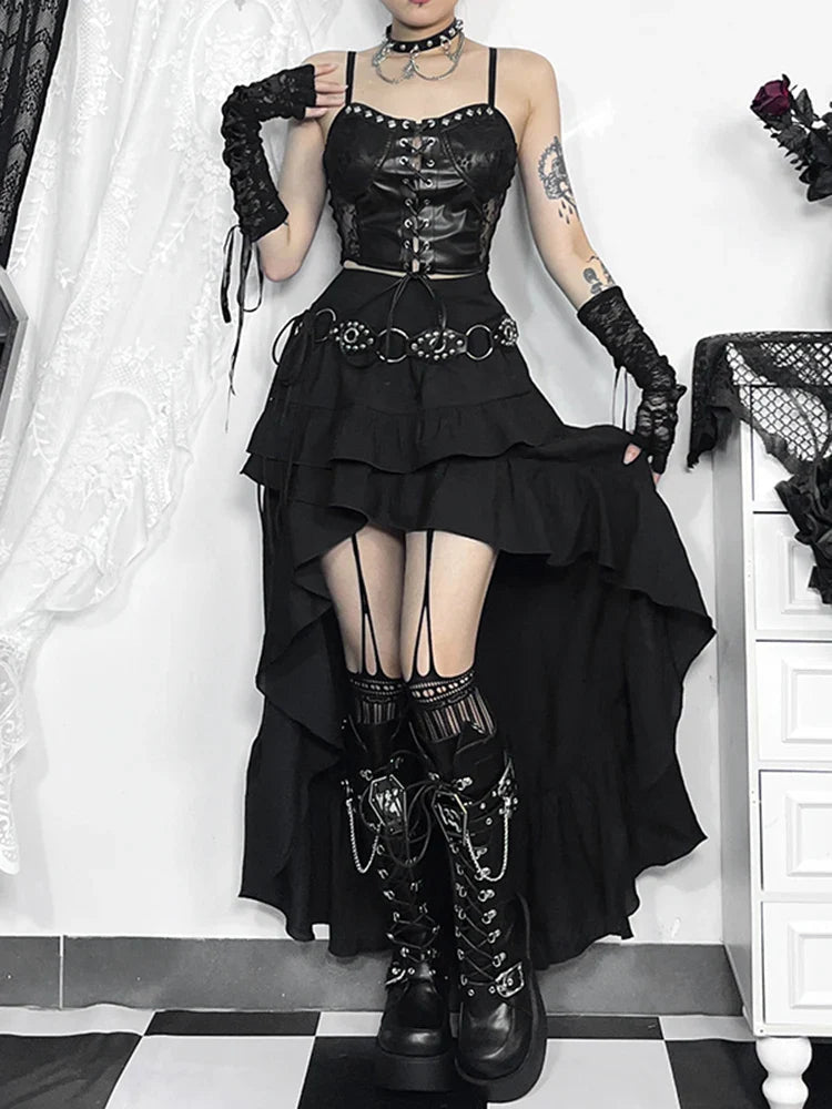 Steam Retro Gothic Pleated Hi-Low Lace Skirt
