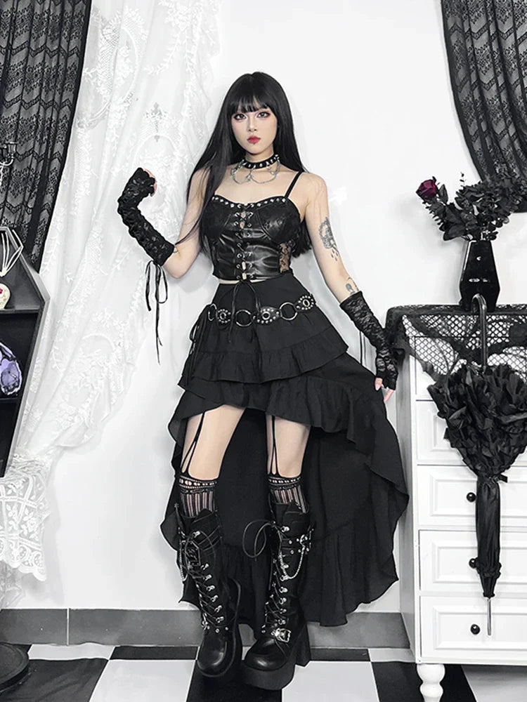 Steam Retro Gothic Pleated Hi-Low Lace Skirt