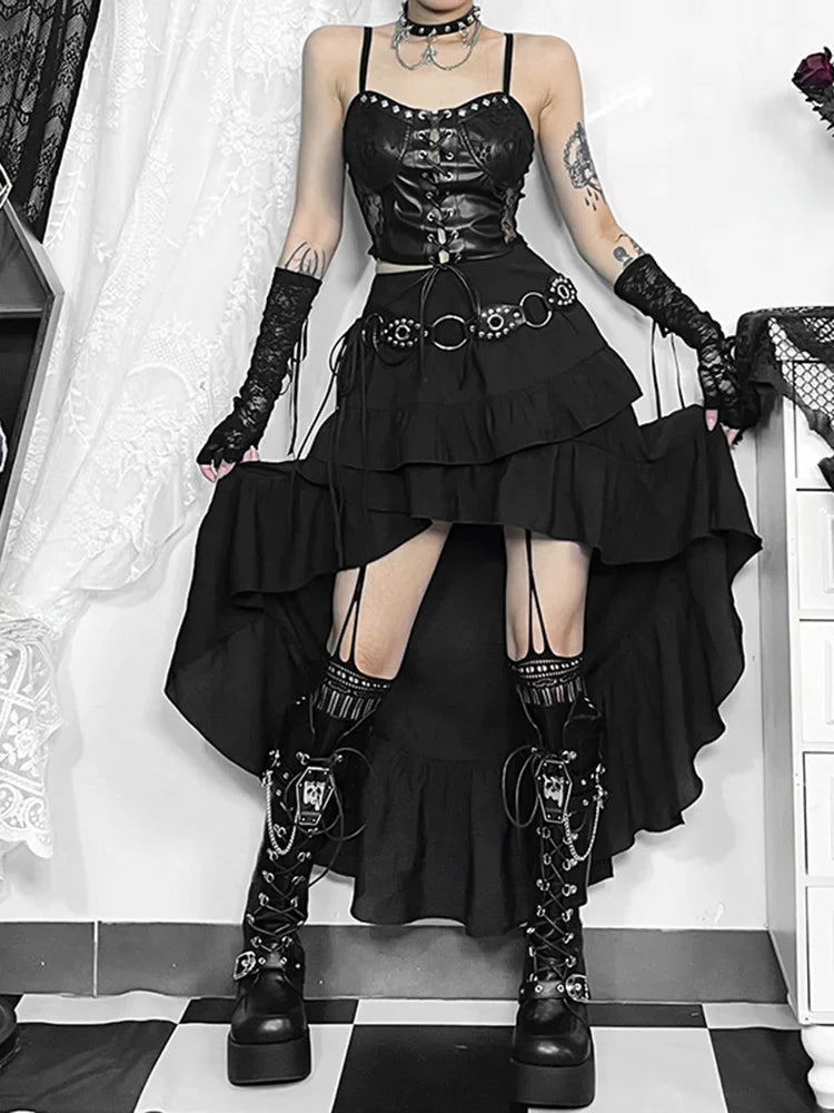 Steam Retro Gothic Pleated Hi-Low Lace Skirt