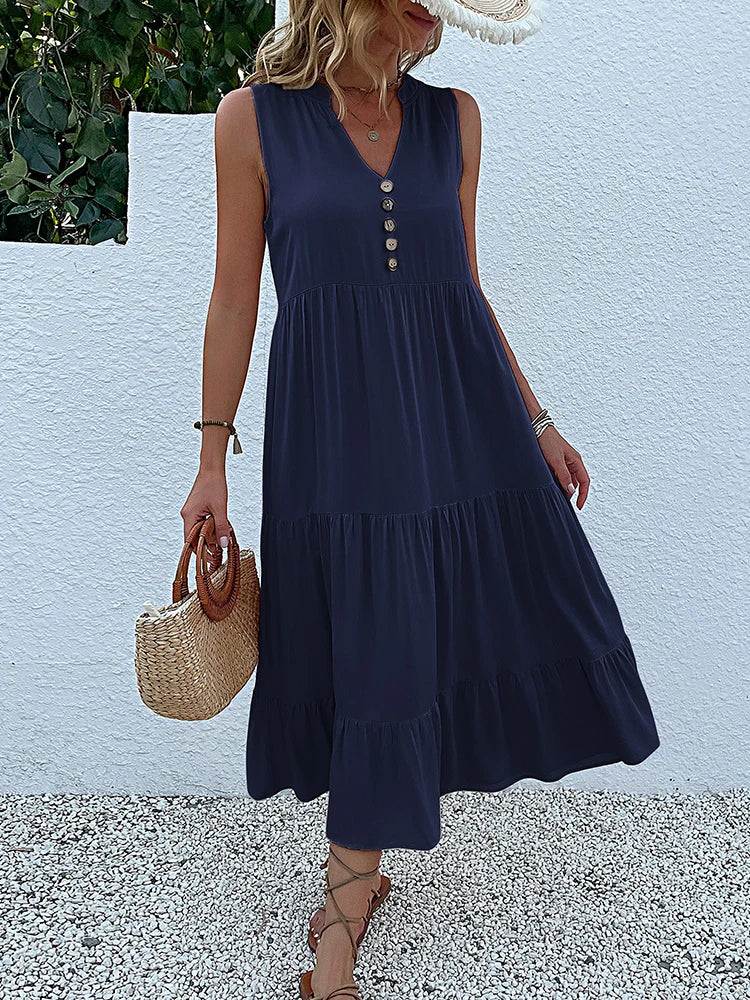 Sleeveless Tank V Neck Ruffle Loose Midi Dress