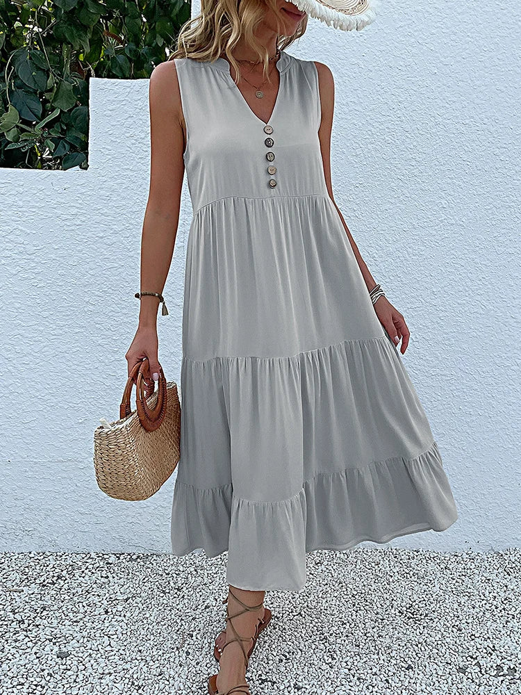 Sleeveless Tank V Neck Ruffle Loose Midi Dress