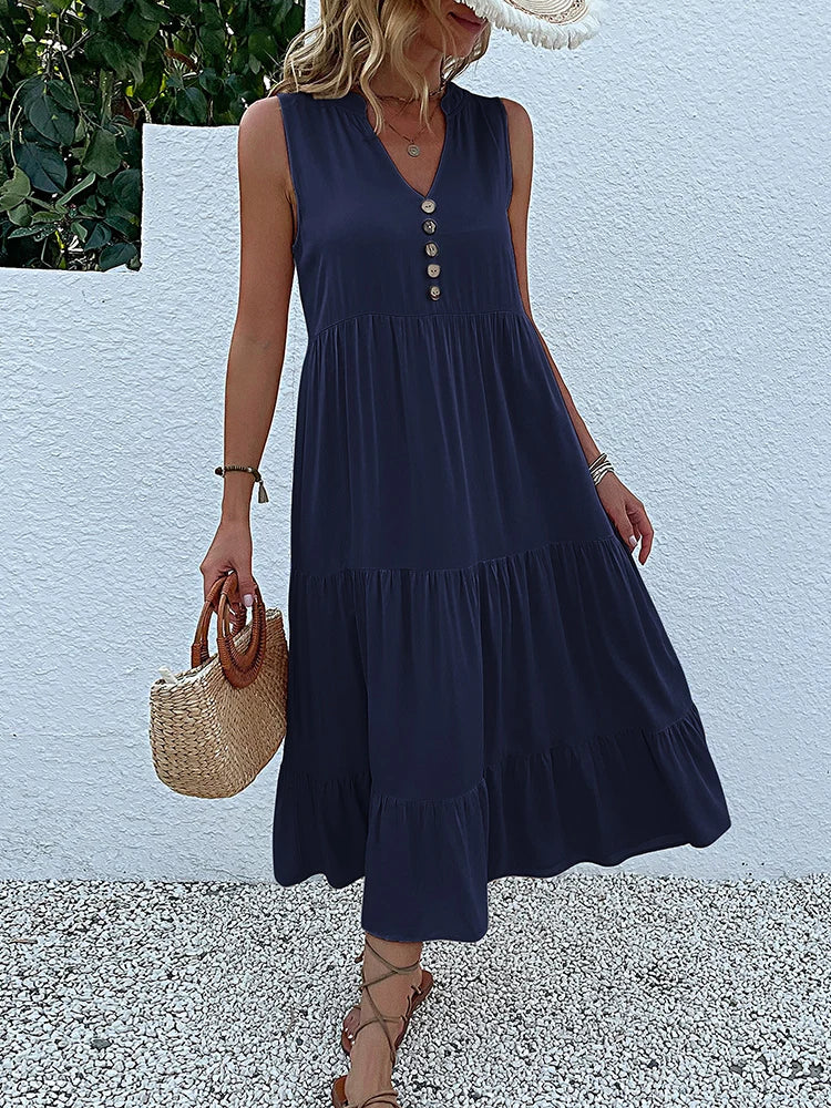 Sleeveless Tank V Neck Ruffle Loose Midi Dress