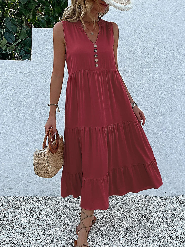 Sleeveless Tank V Neck Ruffle Loose Midi Dress