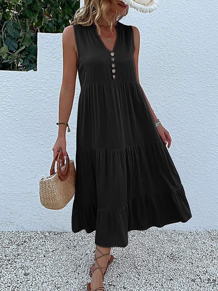 Sleeveless Tank V Neck Ruffle Loose Midi Dress