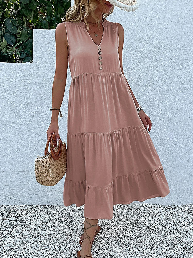 Sleeveless Tank V Neck Ruffle Loose Midi Dress