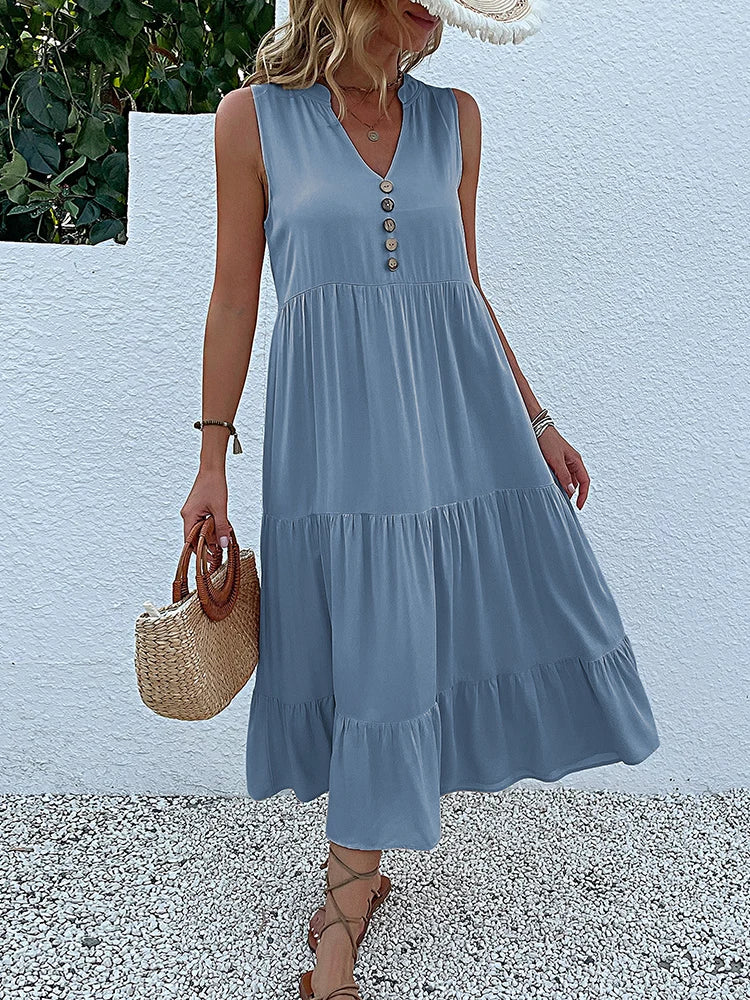 Sleeveless Tank V Neck Ruffle Loose Midi Dress