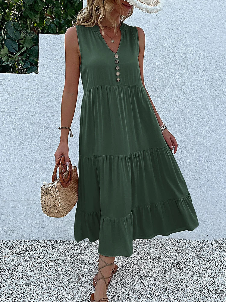 Sleeveless Tank V Neck Ruffle Loose Midi Dress
